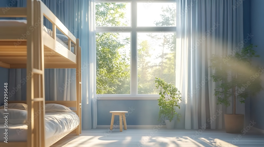 Fototapeta premium A Scandinavian-style room with a window, wooden bunk beds, and blue walls.