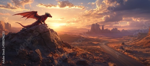 Dragon sunset desert vista; game, book, film