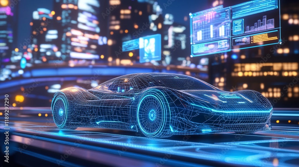 Futuristic car design with digital interface in a cityscape. Futuristic car design with digital interface in a cityscape.
