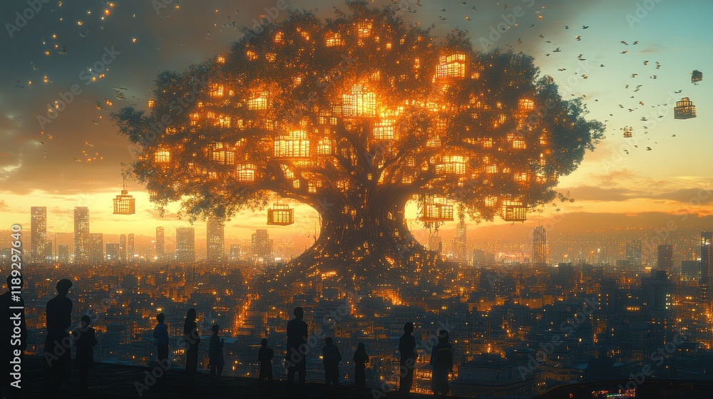 Obraz premium Illuminated tree with houses in a city at sunset.