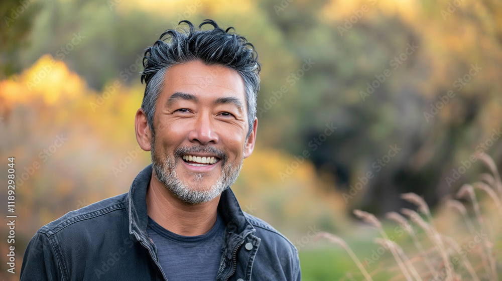 A smiling man in a casual jacket, surrounded by nature, exuding confidence and warmth A smiling man in a casual jacket, surrounded by nature, exuding confidence and warmth