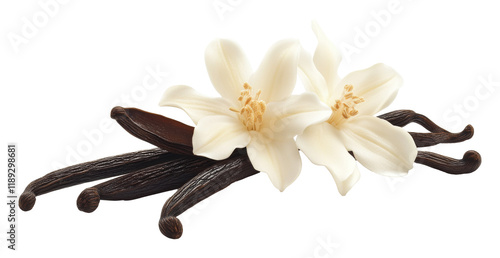 Vanilla beans and flowers on transparent background, composition showcasing aromatic spices and natural beauty
