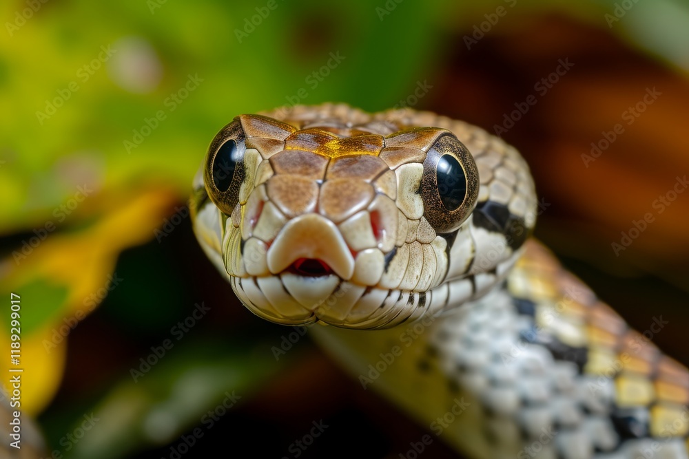 The Texas rat snake Elaphe obsoleta lindheimeri resting among green foliage in a natural habitat during daylight The Texas rat snake Elaphe obsoleta lindheimeri resting among green foliage in a natural habitat during daylight