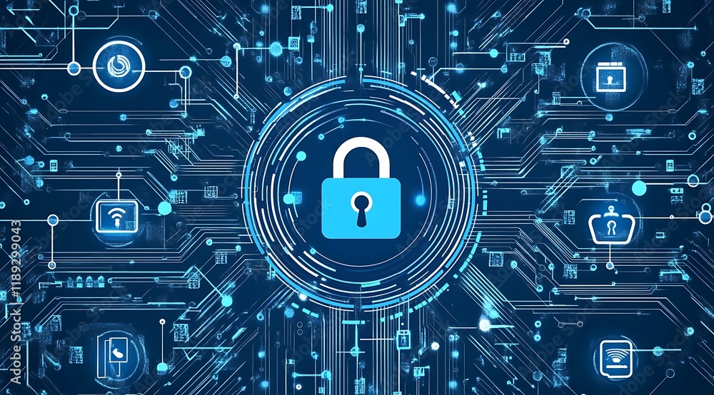 Fototapeta premium Digital Padlock on abstract technology background, Technology security concept. Modern safety digital background. Protection system.
