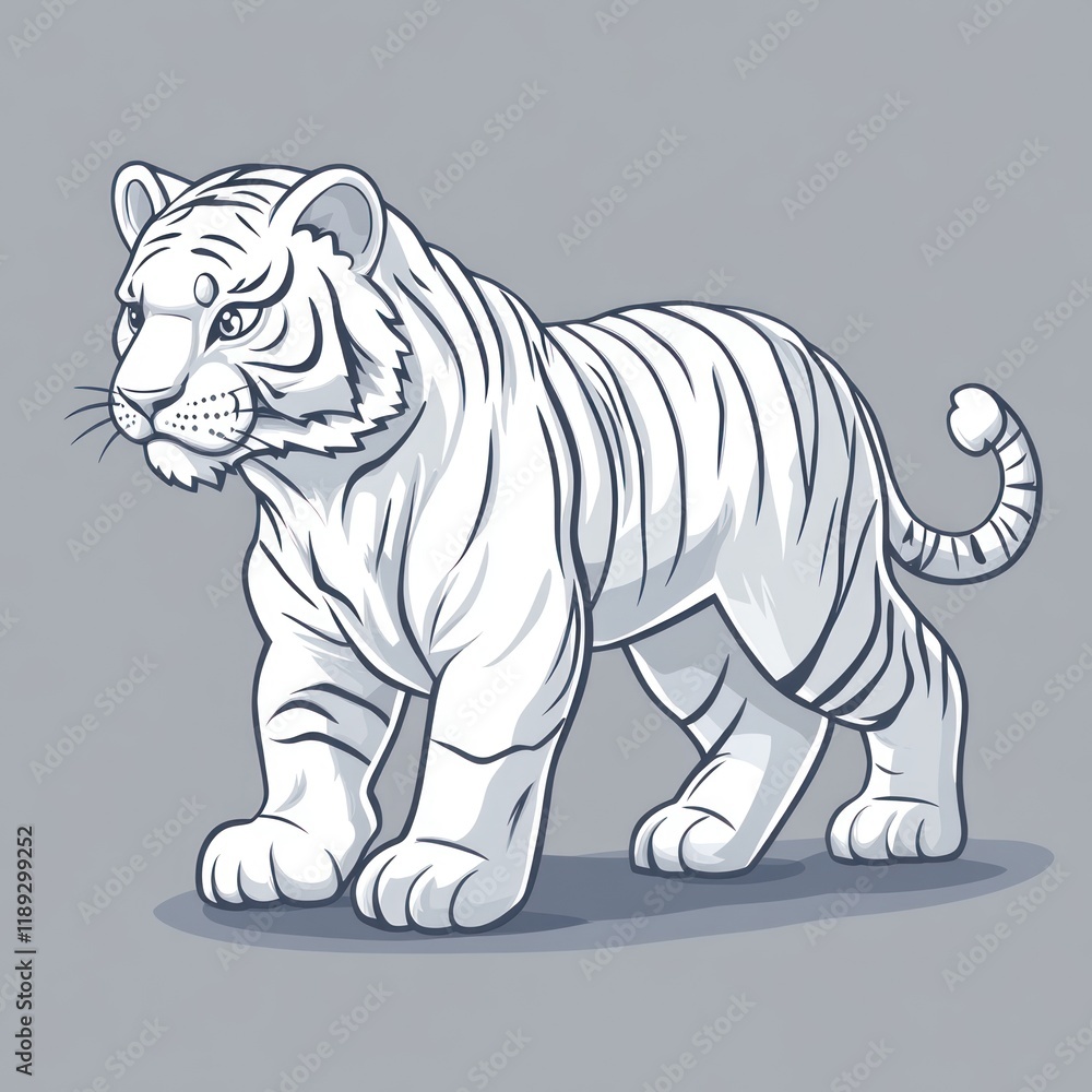Obraz premium White tiger cub illustration, standing, grey background, zoology, children's book