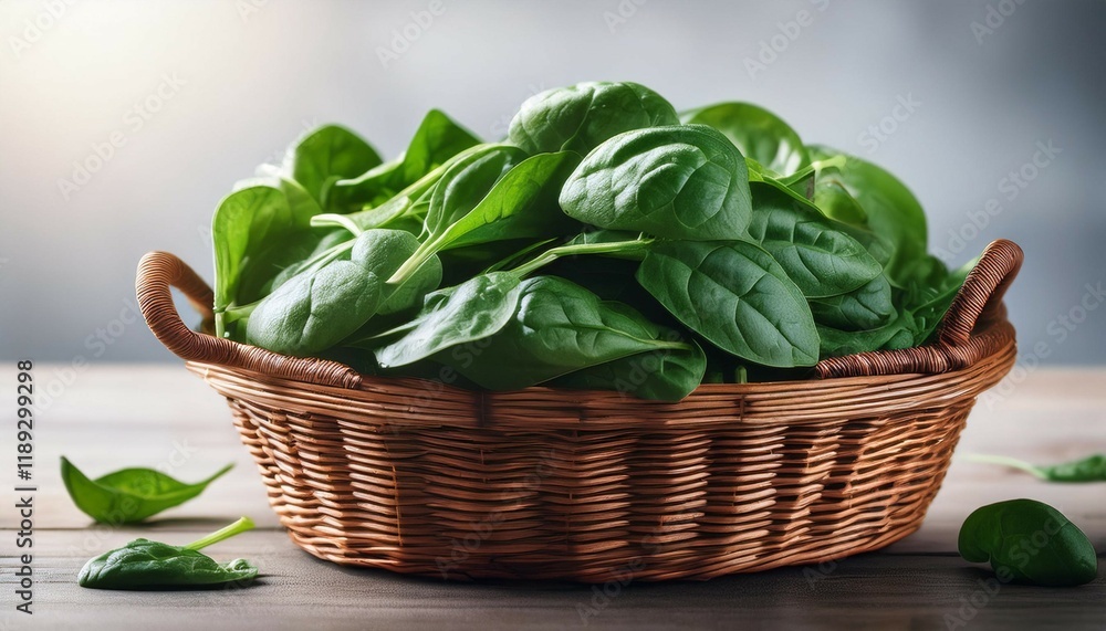 fresh green spinach leaves in a wicker basket fresh green spinach leaves in a wicker basket