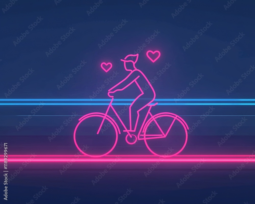 Fototapeta premium A neon outline of a cyclist riding a bike, surrounded by heart shapes, set against a dark blue background with glowing lines.