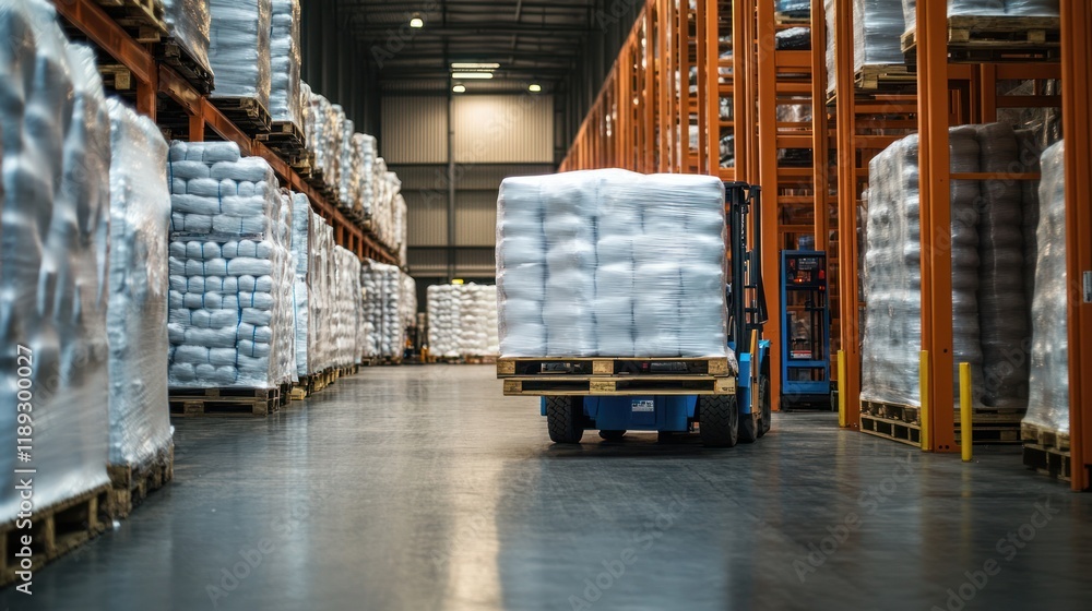 Naklejka premium Forklift transporting pallets of bagged goods in a warehouse.