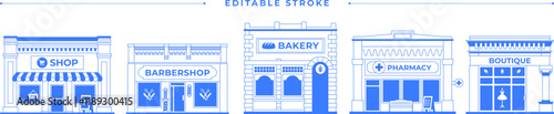 Shop building isolated icon set. Bakery store, barbershop, pharmacy. Local business on white background. One color blue outline graphics. Vintage line art infographic illustration. Editable stroke.