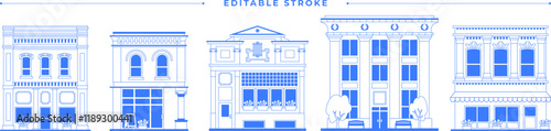 Old architecture building set. Historical facade collection on white background. One color blue outline isolated graphics. Vintage line art illustration. American downtown infographic. Editable stroke