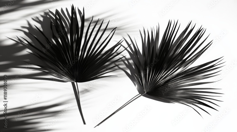 Obraz premium two black palm leaves casting shadows on a white surface