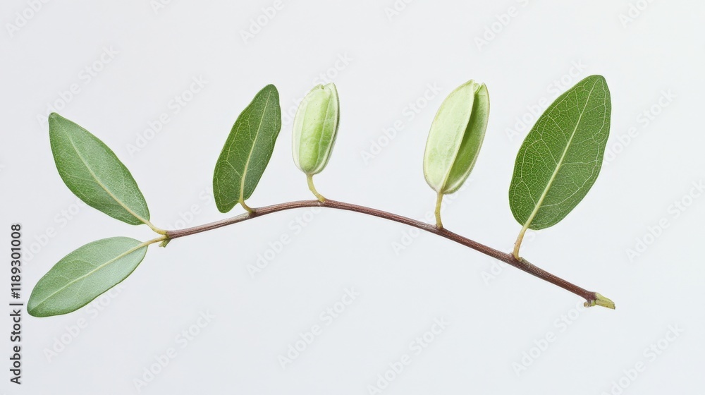 Fototapeta premium a close-up of a branch with green leaves and buds against a white background