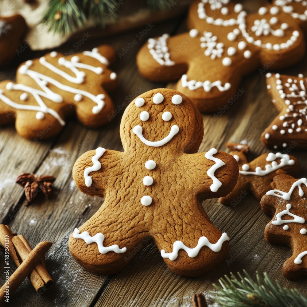 Gingerbread cookies with white icing on wooden table Gingerbread cookies with white icing on wooden table