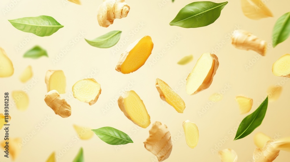 Falling ginger slices and leaves on beige background. Falling ginger slices and leaves on beige background.