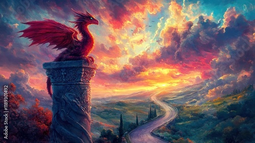 Dragon sunset vista; perched column; fantasy road