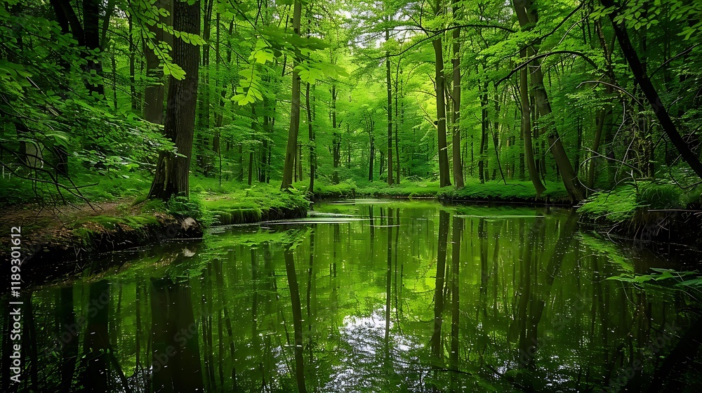 a natural landscape with dense forest and pond with large trees and different botanical diversities in daylight a natural landscape with dense forest and pond with large trees and different botanical diversities in daylight