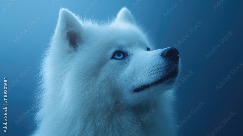 Fototapeta premium A close-up portrait of a white dog with blue eyes against a soft blue background.