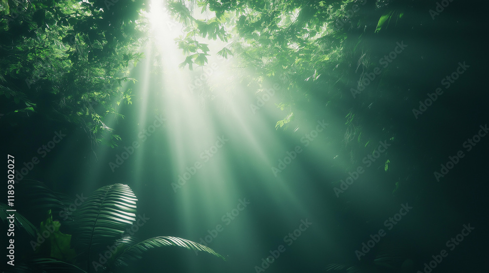 Sunlight Rays Streaming Through Green Forest Trees in Peaceful Nature Scene Sunlight Rays Streaming Through Green Forest Trees in Peaceful Nature Scene