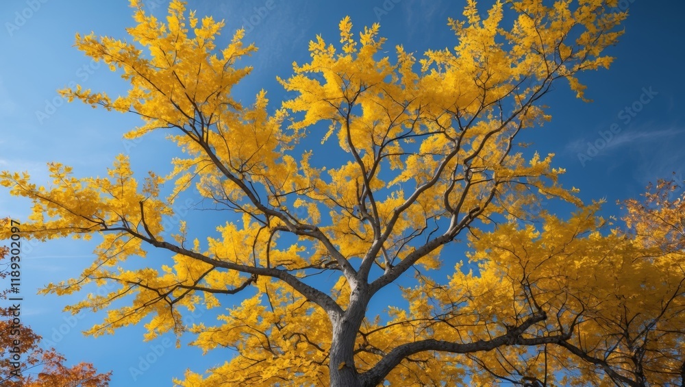 Vibrant yellow leaves on a tree under blue sky Vibrant yellow leaves on a tree under blue sky