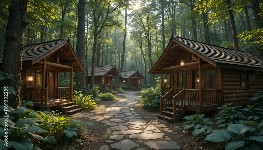 Charming wooden cabins in serene forest setting with lush greenery and sunlight Charming wooden cabins in serene forest setting with lush greenery and sunlight