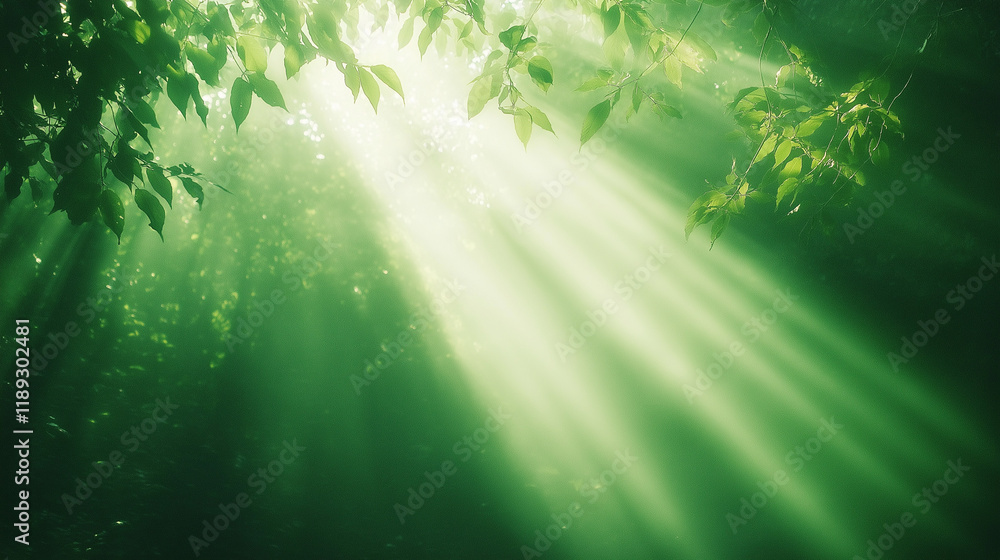 Sunlight Rays Streaming Through Green Forest Trees in Peaceful Nature Scene Sunlight Rays Streaming Through Green Forest Trees in Peaceful Nature Scene