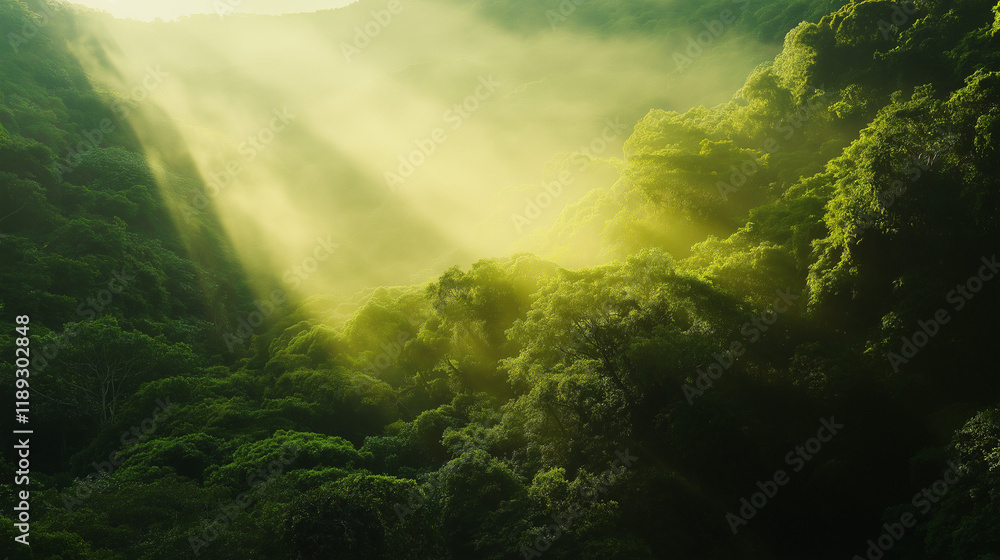 Sunlight Rays Streaming Through Green Forest Trees in Peaceful Nature Scene