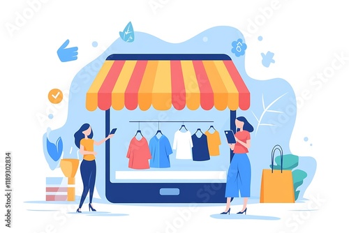 Online Shopping Concept Illustration with Mobile App, flat illustration, vector