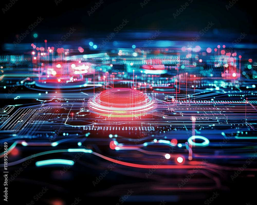 Fototapeta premium Futuristic digital circuit board, glowing nodes and lines, data processing, technological background, ideal for tech presentations