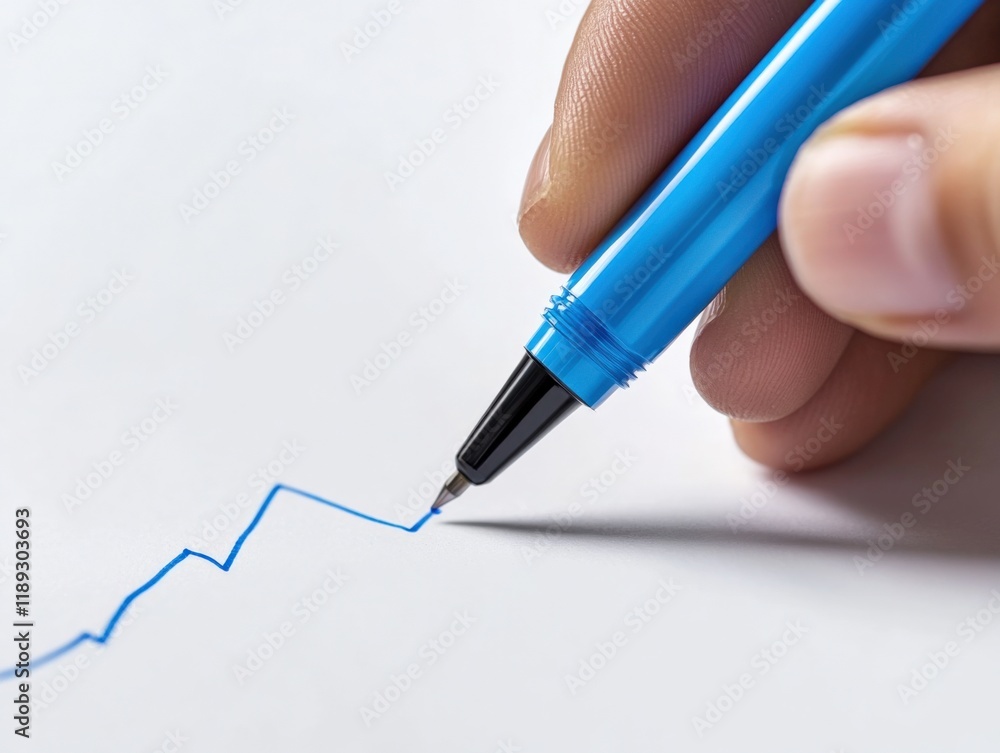 close-up of hand drawing a line graph with blue pen on white paper