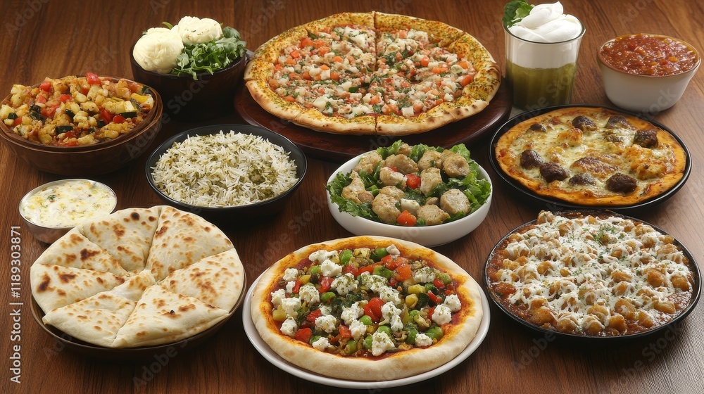 Delicious Mediterranean Feast - A vibrant spread featuring pizza, rice, salads, and bread, symbolizing abundance, community, flavor, freshness, and warmth. Delicious Mediterranean Feast - A vibrant spread featuring pizza, rice, salads, and bread, symbolizing abundance, community, flavor, freshness, and warmth.