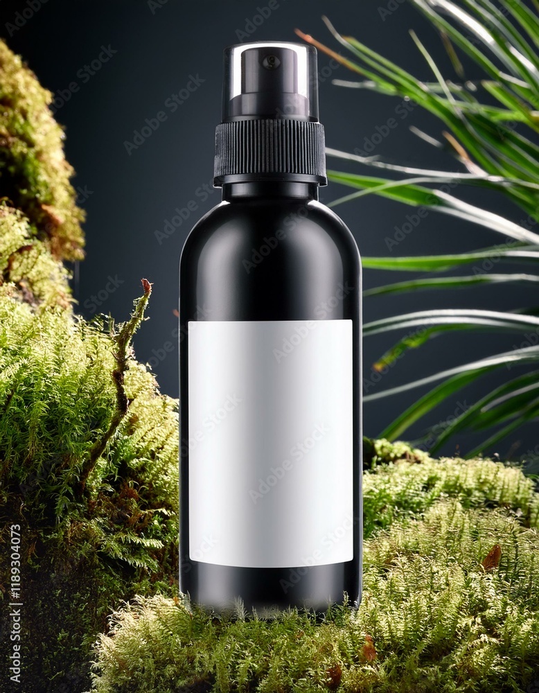 glass spray mist bottle mockup with label shown in close-up on a moss surface with ferns, plants in forest glass spray mist bottle mockup with label shown in close-up on a moss surface with ferns, plants in forest