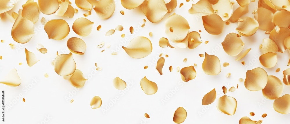 golden rose petals falling on white background