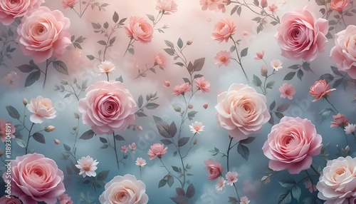Floral wallpaper design with pink roses and delicate blossoms on a soft blue background