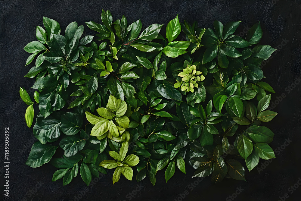 A variety of green leaves arranged artistically on a dark background. A variety of green leaves arranged artistically on a dark background.