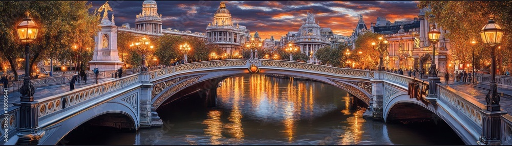 Fototapeta premium Illuminated bridge, city sunset, river reflection, travel postcard