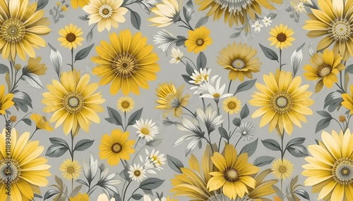 Bright floral pattern with yellow sunflowers and daisies on a gray background, cheerful design
