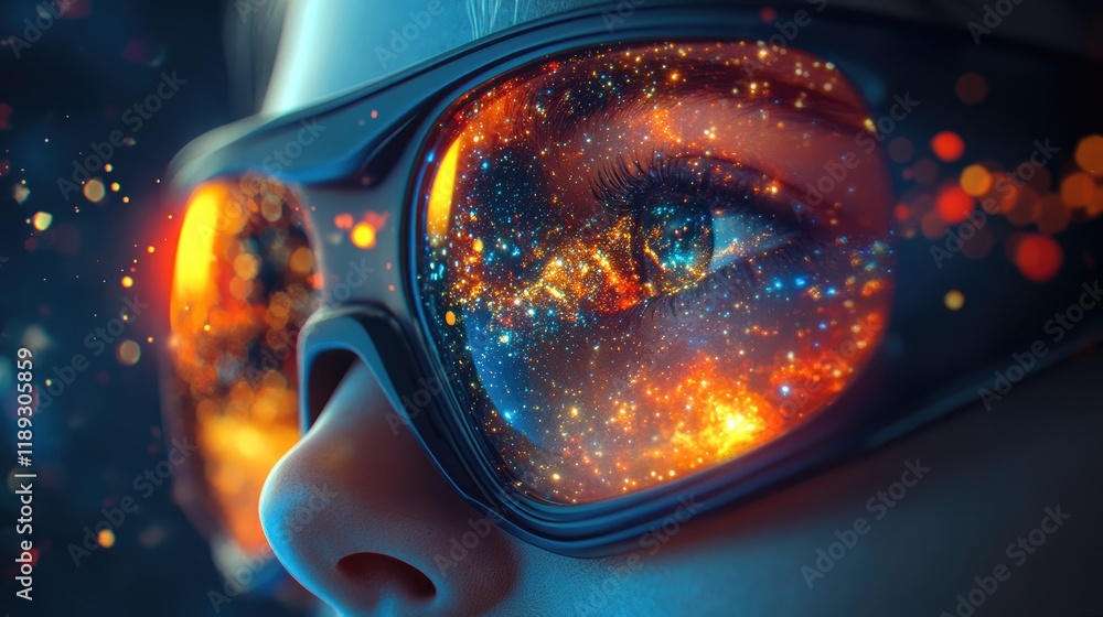 A close-up of a person's face wearing glasses reflecting a cosmic scene. A close-up of a person's face wearing glasses reflecting a cosmic scene.