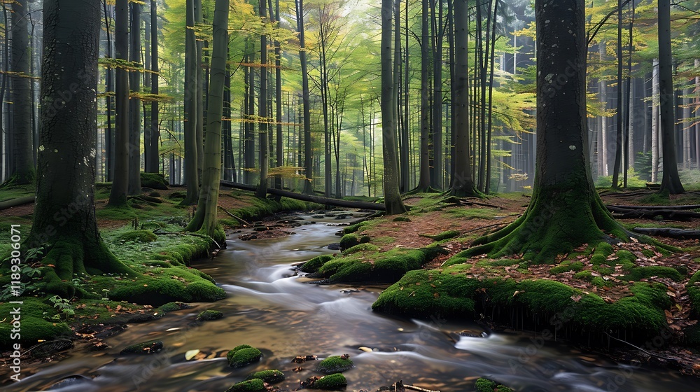 Obraz premium a natural landscape with dense forest and stream with large trees and different botanical diversities in daylight