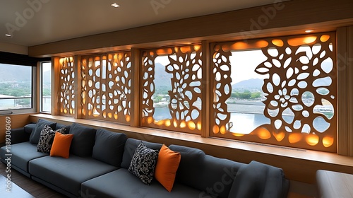 Modern Living Room with Scenic View and Intricate Wooden Window Screen