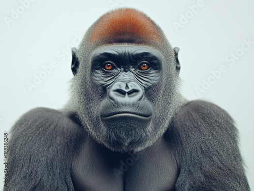 Portrait of a gorilla against a plain background.