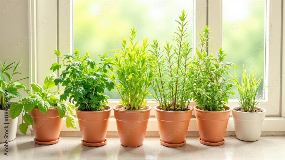 Collection of potted herbs on a bright windowsill with copy space Collection of potted herbs on a bright windowsill with copy space