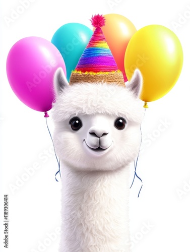 Festive Alpaca with Balloons - Adorable alpaca, party hat, colorful balloons, joyful celebration, happy animal. photo