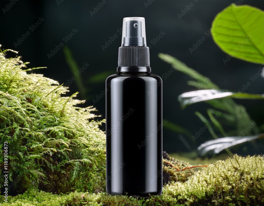glass spray mist bottle mockup with label shown in close-up on a moss surface with ferns, plants in forest glass spray mist bottle mockup with label shown in close-up on a moss surface with ferns, plants in forest