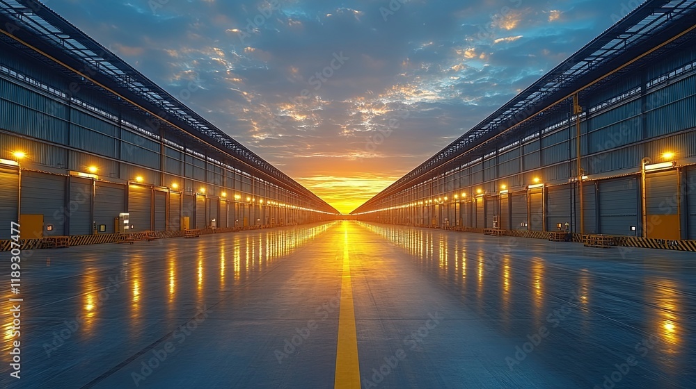 Obraz premium Sunset Warehouse: Golden Hour Illumination of Industrial Architecture