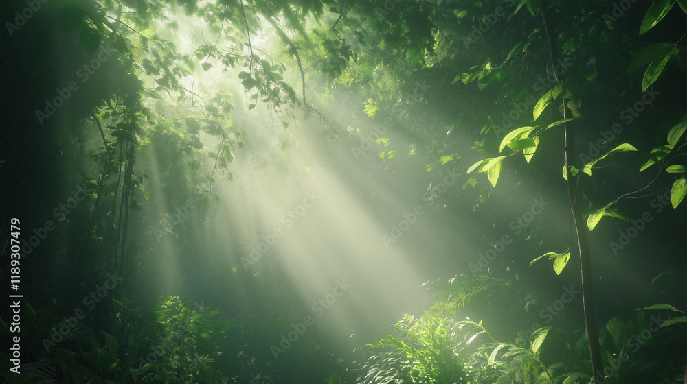 Fototapeta premium Sunlight Rays Streaming Through Green Forest Trees in Peaceful Nature Scene