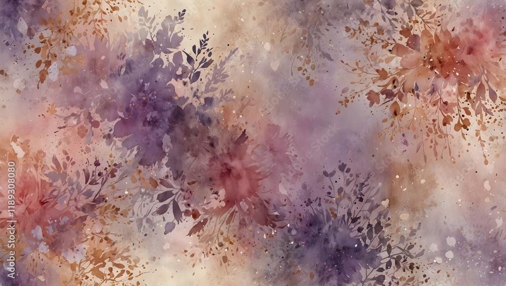 Fototapeta premium This image is a watercolor-style background with overlapping purple, pink, and brown splotches, with floral elements.