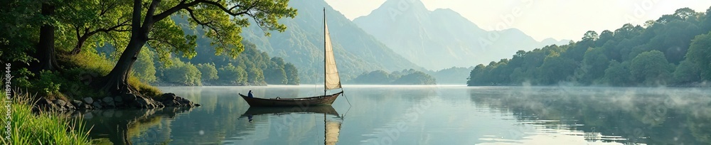 Small wooden sailboat on a lake with trees around, tranquility, tree Small wooden sailboat on a lake with trees around, tranquility, tree