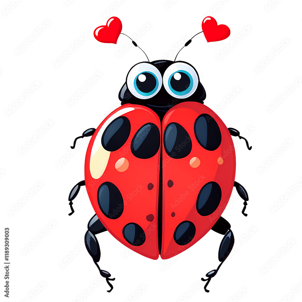 Obraz premium Lovely Ladybug Valentine: An adorable cartoon ladybug with big, expressive eyes and tiny red hearts for antennae, perfect for Valentine's Day cards, social media posts, or children's illustrations.
