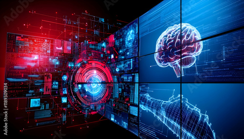 Wallpaper Mural Digital brain analysis on futuristic screens; neural network data visualized; AI research background; tech concept for websites Torontodigital.ca