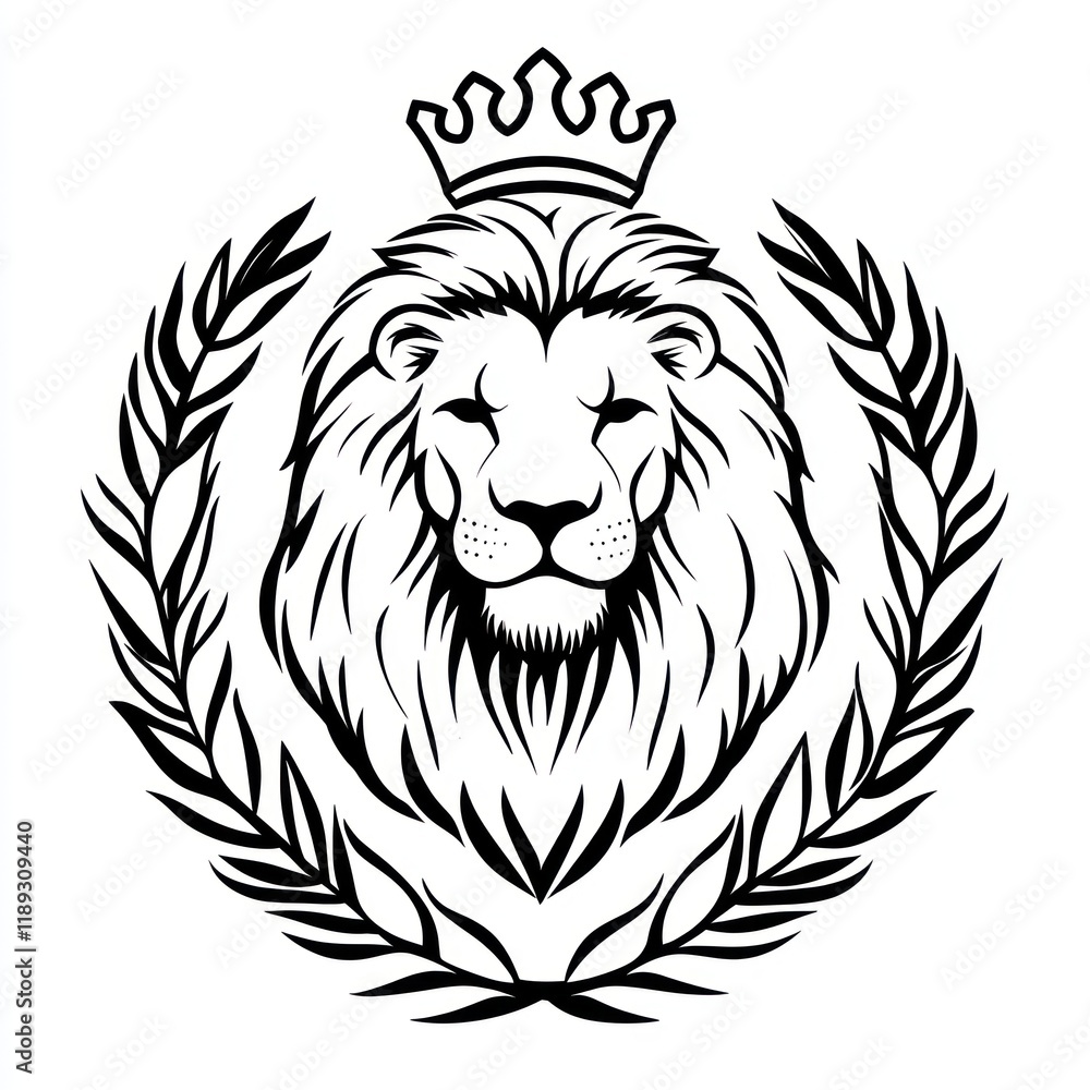Obraz premium Crowned lion head laurel wreath emblem, white background, logo design